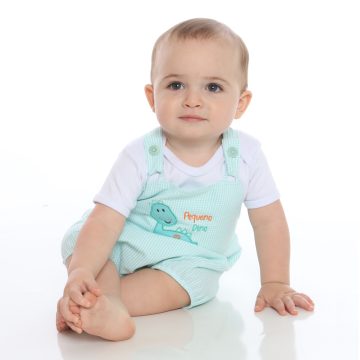 Conjunto para bebê menino body e jardineira xadrez dino